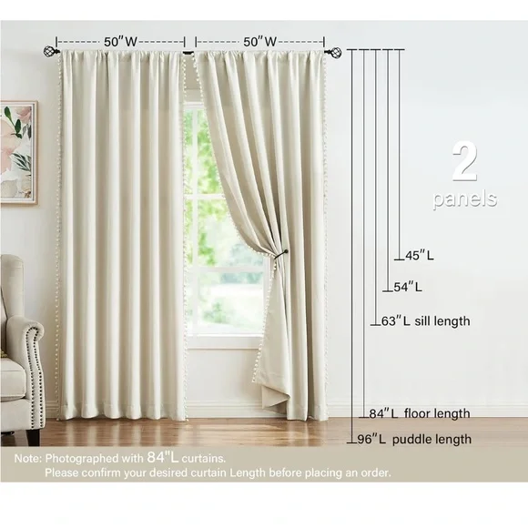 Elegant Cream Curtains with Pom-Pom Trim - Picture 6 of 8